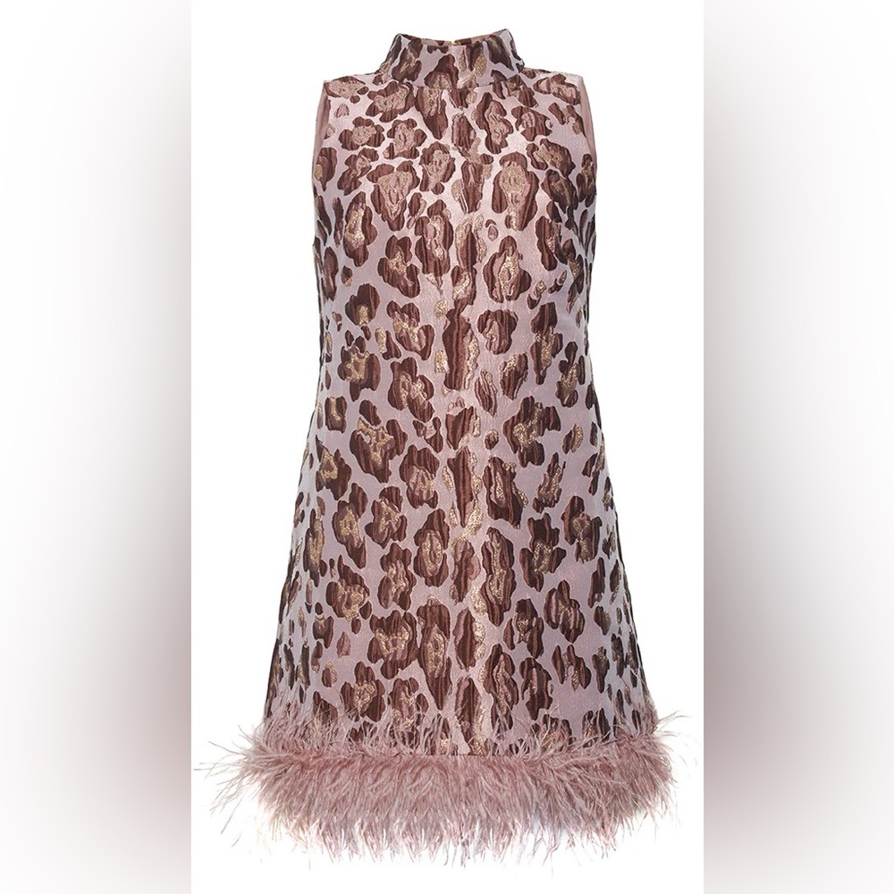 Cara Cara Pink and Brown Leopard Jacquard Mini Dress with Feather Hem